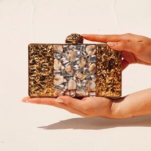 RAMLA Arya‎ The Art of Modern Opulence Gold and Crystal Clutch w/ shoulder chain